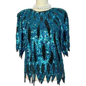Vintage 80s Beaded Sequin Top, Turquoise 100% Silk